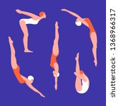 Set of women in swimwear in various poses. Jumping into the water and swimming in the pool. Water sports. Vector flat illustration