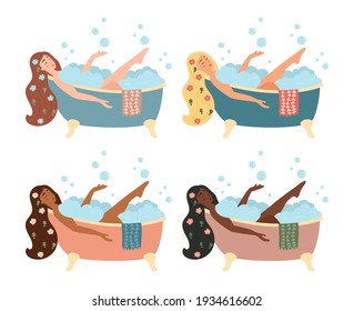 Set with women taking bath with foam bubbles. Different skin and hair colors. Isolated on white background. Self-care and relax concept art. Cartoon vector illustration.