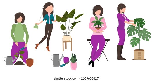 Set of women taking care of home flowers and plants
 in pots. Growing indoor plants. Garden tools.Colored flat vector illustration isolated on white background.