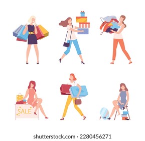 Set of women taking part in seasonal sale. Girls carrying shopping bags and boxes. Black Friday sale event flat vector illustration