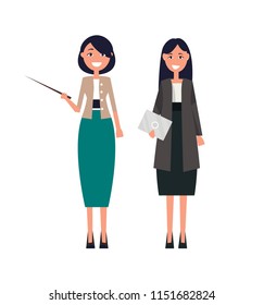 Set of women teachers with pointer in hand, digital tablet, elegant female dressed in long dress, grey cardigan, executive managers isolated vector