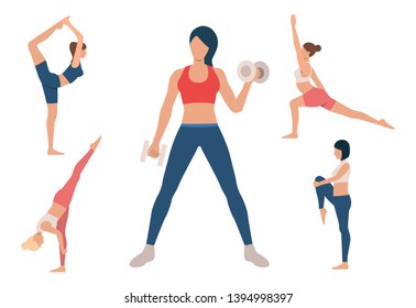 Set of women training body. Girls doing yoga and lifting dumbbells. Sport concept. Vector illustration can be used for topics like gym or fitness club