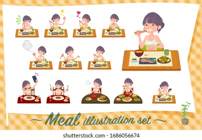 A set of women in underwear about meals.Japanese and Chinese cuisine, Western style dishes and so on.It's vector art so it's easy to edit.