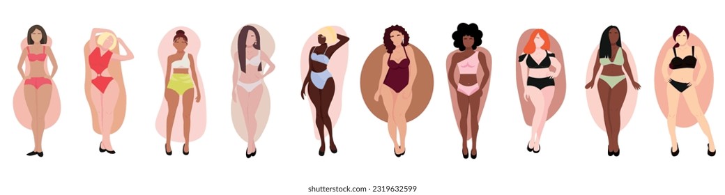 Set of women in underwear with different types of body shape on 