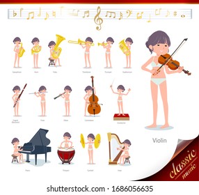 A set of women in underwear on classical music performances.There are actions to play various instruments such as string instruments and wind instruments.It's vector art so it's easy to edit.