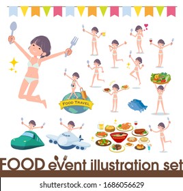 A set of women in underwear on food events.There are actions that have a fork and a spoon and are having fun.It's vector art so it's easy to edit.