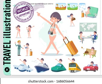 A set of women in underwear on travel.There are also vehicles such as boats and airplanes.It's vector art so it's easy to edit.
