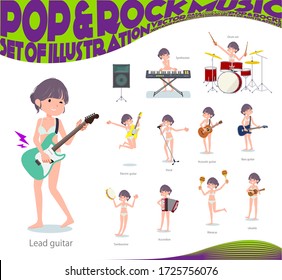 A set of women in underwear playing rock 'n' roll and pop music.There are also various instruments such as ukulele and tambourine.It's vector art so it's easy to edit.