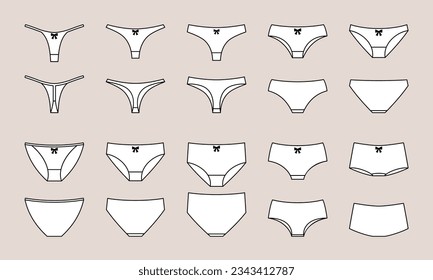 Set of women underwear types panties, bikini, string, tanga. Underclothing vector collection. Illustration underwear for woman body