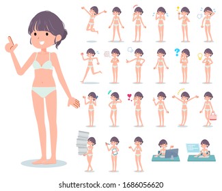 A set of women in underwear with who express various emotions.There are actions related to workplaces and personal computers.It's vector art so it's easy to edit.