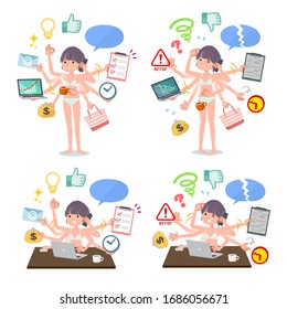 A set of women in underwear who perform multitasking in the office.There are things to do smoothly and a pattern that is in a panic.It's vector art so it's easy to edit.