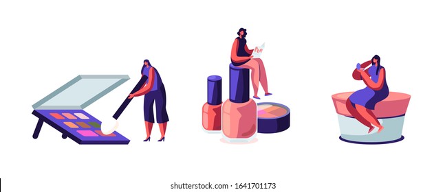 Set of Women Using Cosmetics. Girls Spend Time in Beautician Parlor. Female Characters Testing Make up Eye Shadows Palette, Nail Polish and Powder in Beauty Salon. Cartoon Flat Vector Illustration