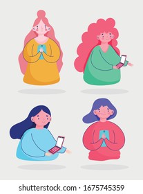 Frauensatz mit Cartoon-Vektorillustration von Smartphone-Geräten