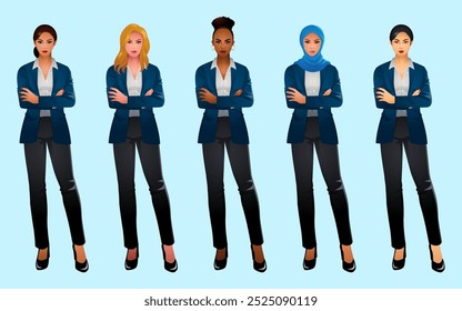 Set of women from various ethnic backgrounds confidently folding their arms, dressed in modern, stylish business suits. Representing professionalism, leadership, and workplace diversity
