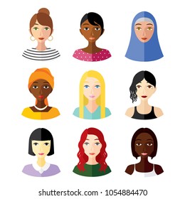 Set of Women With Various Hair Styles and Skin Colours. Vector Illustration with Isolated Background.