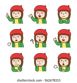 Set of women in various poses / Girl beret