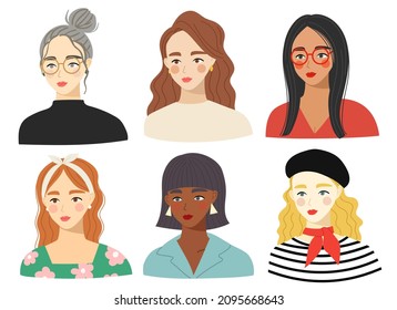 set of women vector illustration. Different beauty. Women avatars. Various races and nationalities. Colored hand drawn vector illustration.