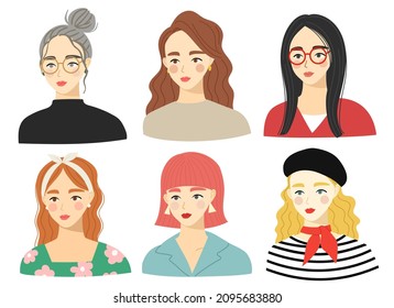  set of women vector illustration. Different beauty. Women avatars. Various hairstyles and fashion. Colored hand drawn vector illustration.