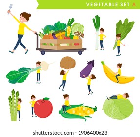 A set of women and vegetables.(A)It's vector art so it's easy to edit.