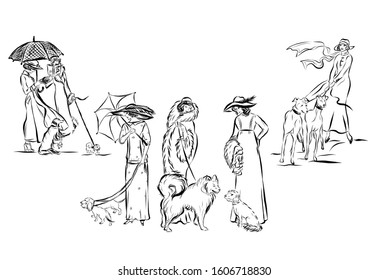 Set with women in the vintage style of the past era walking with dogs. Drawing for coloring. Graphic female silhouette.