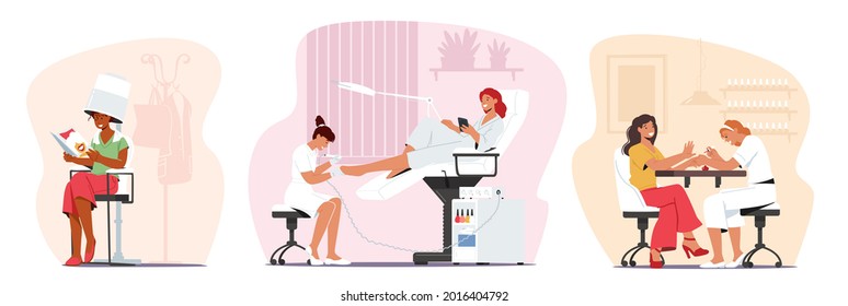 Ponemos A Las Mujeres Visitando El Salón De Belleza. Los caracteres femeninos aplican procedimientos de manicura, pedicura y peinado. Niña en el Grooming Place, Moda, Spa, Salud. Ilustración de vectores de personas de caricatura