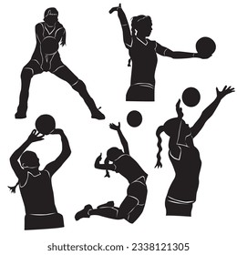 set of women volleyball serve icon and ball silhouette vector, women volleyball player defense