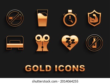Set Women waist, Bodybuilder muscle, No alcohol, Sleepy, Big bed, Stopwatch, Smoking and Glass with water icon. Vector