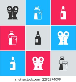 Set Women waist, Bottle of water with glass and Essential oil bottle icon. Vector