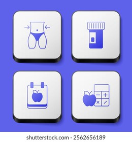 Set Women waist, Vitamins, Diet plan and Calorie calculator icon. White square button. Vector