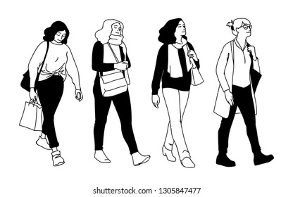 Set of women walking. Concept. Monochrome vector illustration of women of different ages taking a walk in simple line art style. Hand drawn sketch isolated on white background.