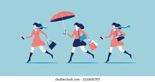 Set of women walking or running. Seasonal and holiday shopping. Vector illustration.