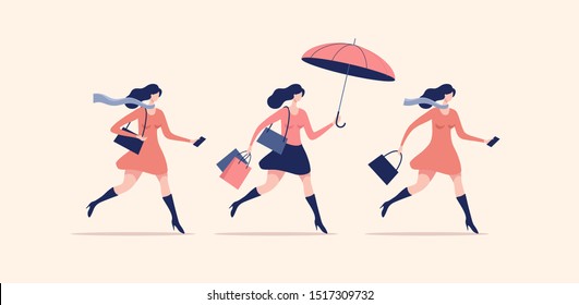 Set of women walking or running. Seasonal and holiday shopping. Vector illustration.