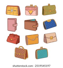 Conjunto de carteras de mujer Ilustración vectorial dibujada a mano doodle