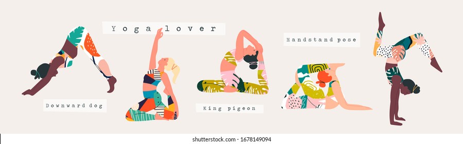 Set of women wearing bright sportswear doing Yoga. Girl in colorful clothes working out. Hand drawn colored Vector illustrations. Weight Loss. Health care and lifestyle concept. Calmness and relax