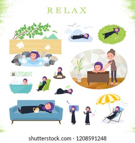 A set of women wearing hijab about relaxing.There are actions such as vacation and stress relief.It's vector art so it's easy to edit.