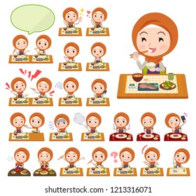 A set of women wearing hijab about meals.Japanese and Chinese cuisine, Western style dishes and so on.It's vector art so it's easy to edit.