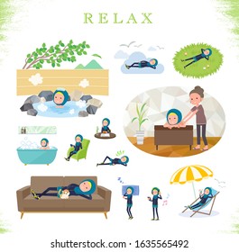 A set of women wearing hijab about relaxing.There are actions such as vacation and stress relief.It's vector art so it's easy to edit.
