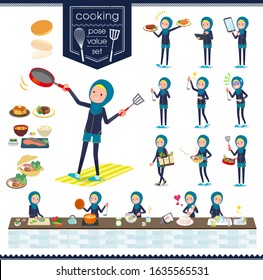 A set of women wearing hijab about cooking.There are actions that are cooking in various ways in the kitchen.It's vector art so it's easy to edit.
