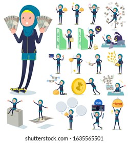 A set of women wearing hijab with concerning money and economy.There are also actions on success and failure.It's vector art so it's easy to edit.
