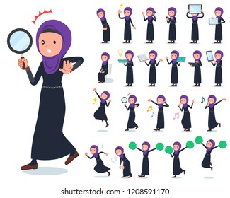 A set of women wearing hijab with digital equipment such as smartphones.There are actions that express emotions.It's vector art so it's easy to edit.