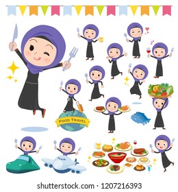 A set of women wearing hijab on food events.There are actions that have a fork and a spoon and are having fun.It's vector art so it's easy to edit.