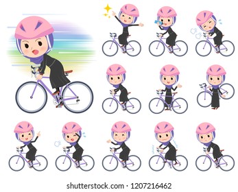 A set of women wearing hijab on a road bike.There is an action that is enjoying.It's vector art so it's easy to edit.
