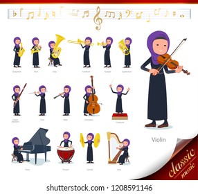 A set of women wearing hijab on classical music performances.There are actions to play various instruments such as string instruments and wind instruments.It's vector art so it's easy to edit.