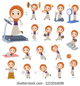 A set of women wearing hijab on exercise and sports.There are various actions to move the body healthy.It's vector art so it's easy to edit.