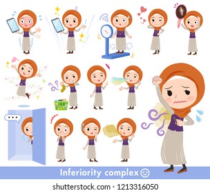 A set of women wearing hijab on inferiority complex.There are actions suffering from smell and appearance.It's vector art so it's easy to edit.