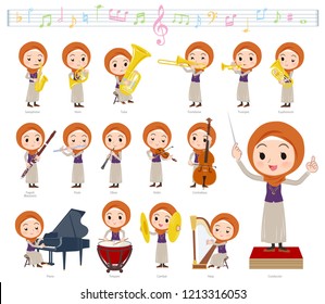 A set of women wearing hijab on classical music performances.There are actions to play various instruments such as string instruments and wind instruments.It's vector art so it's easy to edit.