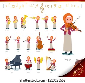 A set of women wearing hijab on classical music performances.There are actions to play various instruments such as string instruments and wind instruments.It's vector art so it's easy to edit.