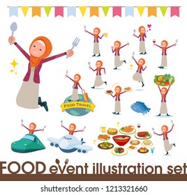 A set of women wearing hijab on food events.There are actions that have a fork and a spoon and are having fun.It's vector art so it's easy to edit.
