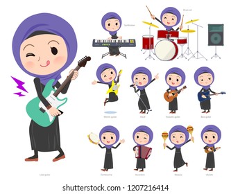 A set of women wearing hijab playing rock 'n' roll and pop music.There are also various instruments such as ukulele and tambourine.It's vector art so it's easy to edit.