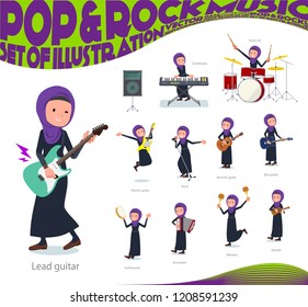 A set of women wearing hijab playing rock 'n' roll and pop music.There are also various instruments such as ukulele and tambourine.It's vector art so it's easy to edit.